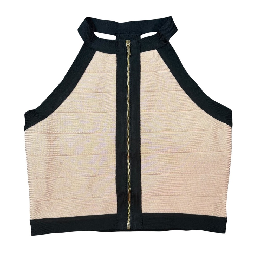 Bebe Womens Kenley Beige Black Bandage Zip Front Crop Top Size L